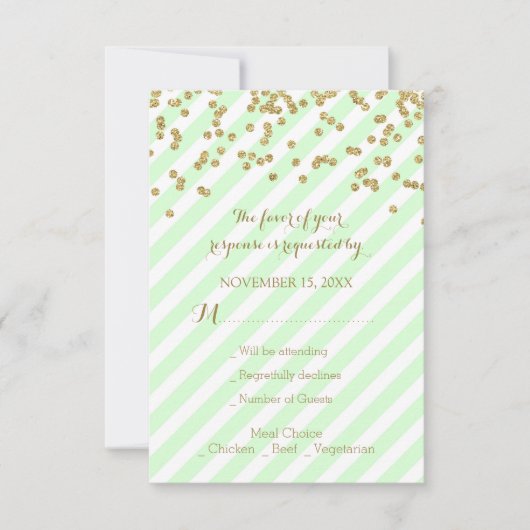Gold Confetti Mint Stripes Wedding RSVP (Vorderseite)