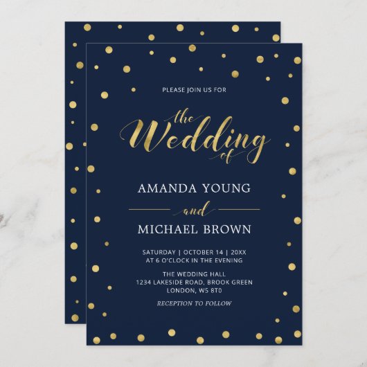 Gold Confetti | Moderne Hochzeitsfeier für Typogra Einladung (Vorne/Hinten)