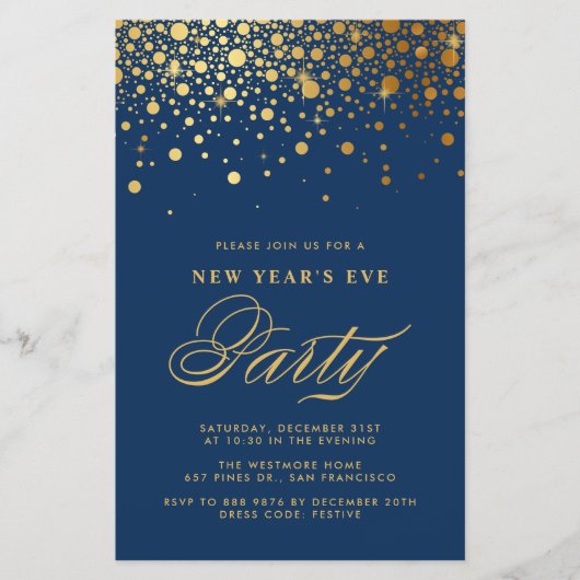 Gold Confetti Navy Blauer Neujahrsvortrag (Vorderseite)