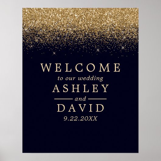 Gold Confetti Navy Blue Chic Hochzeit Willkommen Poster (Vorne)