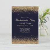 Gold Confetti Navy Blue Modern Bachelorette Einladung (Stehend Vorderseite)