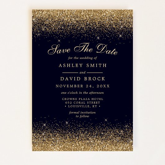 Gold Confetti Navy Blue Modern Save The Date