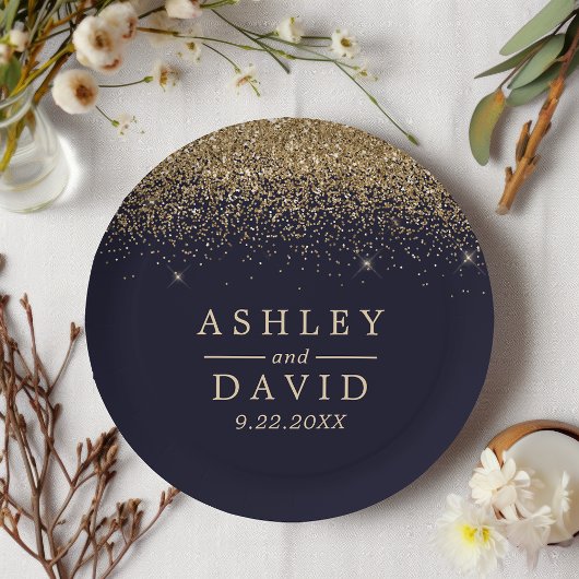 Gold Confetti Navy Blue Moderne Hochzeit Pappteller