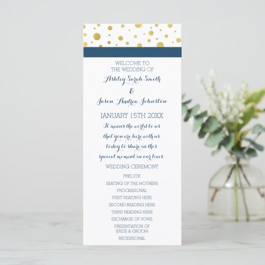 Gold Confetti Navy Blue Wedding Program Programm (Stehend Vorderseite)