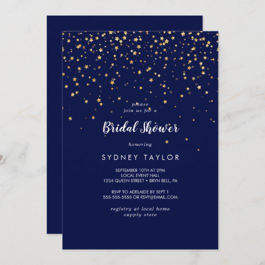 Gold Confetti | Navy Brautparty Einladung (Vorne/Hinten)