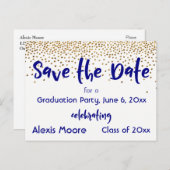 Gold Confetti Navy Graduation Party Save the Date Ankündigungspostkarte (Vorne/Hinten)