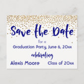 Gold Confetti Navy Graduation Party Save the Date Ankündigungspostkarte (Vorderseite)