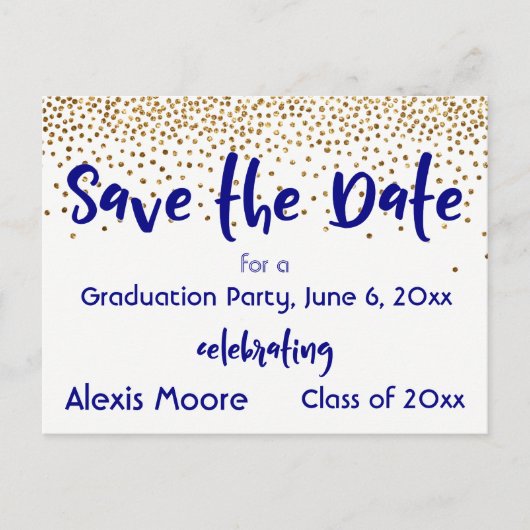 Gold Confetti Navy Graduation Party Save the Date Ankündigungspostkarte (Vorderseite)