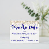 Gold Confetti Navy Graduation Party Save the Date Ankündigungspostkarte (Stehend Vorderseite)