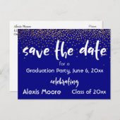 Gold Confetti Navy Graduation Party Save the Date Ankündigungspostkarte (Vorne/Hinten)