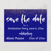 Gold Confetti Navy Graduation Party Save the Date Ankündigungspostkarte (Vorderseite)