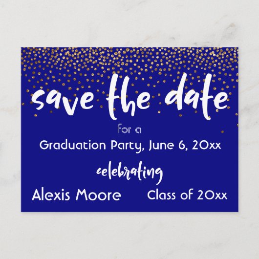 Gold Confetti Navy Graduation Party Save the Date Ankündigungspostkarte (Vorderseite)
