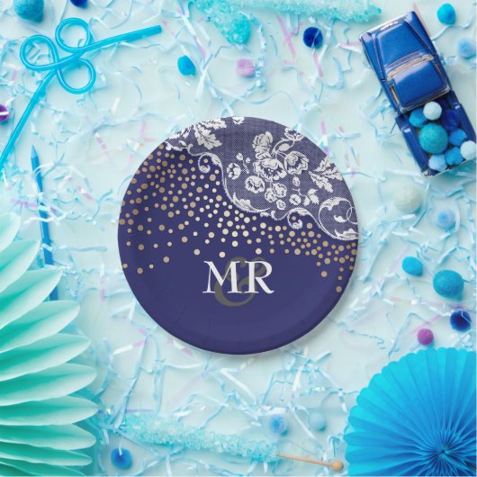 Gold Confetti Navy Lace Wedding Monogram Pappteller (Party)