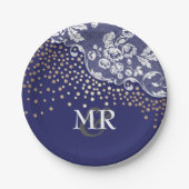 Gold Confetti Navy Lace Wedding Monogram Pappteller (Vorderseite)