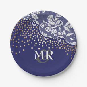 Gold Confetti Navy Lace Wedding Monogram Pappteller