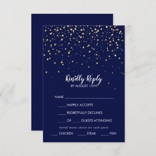 Gold Confetti | Navy Menu Choice Wedding RSVP Card (Vorne/Hinten)