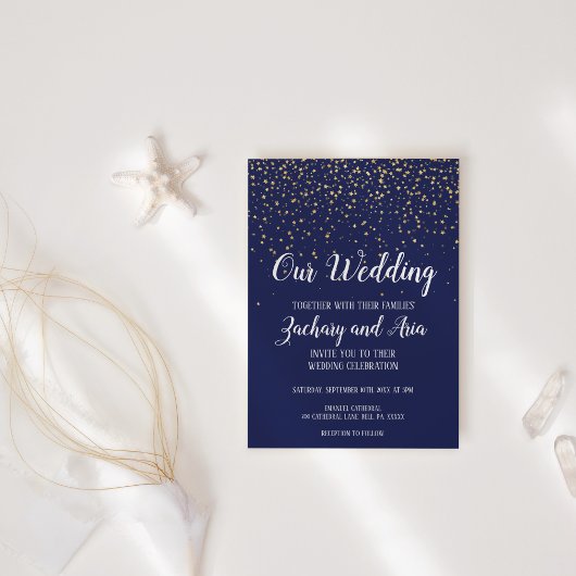 Gold Confetti|Navy Unsere Hochzeit Einladung