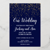 Gold Confetti|Navy Unsere Hochzeit Folieneinladung (Vorderseite)