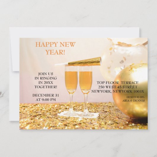 Gold Confetti Neujahr Champagnerflöten Einladung (Vorderseite)