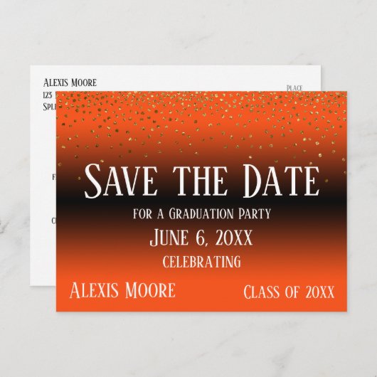Gold Confetti Orange Abschluss Save the Date Postkarte (Vorne/Hinten)