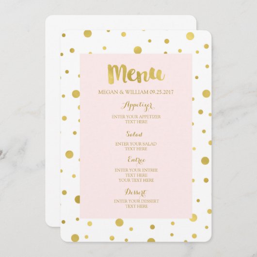 Gold Confetti Pastel Blush Pink Wedding Menü Menükarte (Vorne/Hinten)