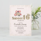 Gold Confetti, Pfannkuchen, gestreift süß 16 Einladung (Stehend Vorderseite)