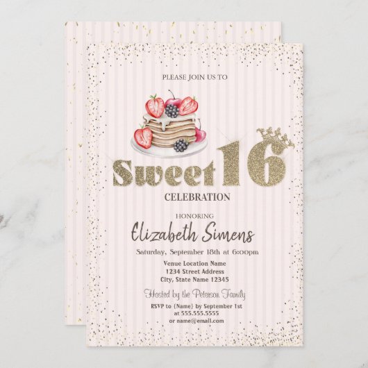 Gold Confetti, Pfannkuchen, gestreift süß 16 Einladung (Vorne/Hinten)