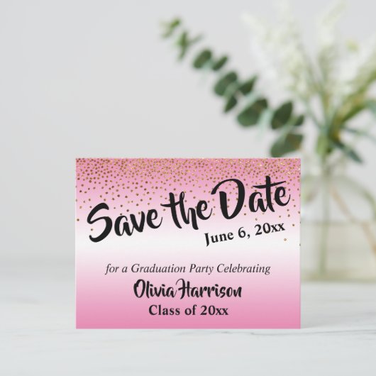 Gold Confetti Pink Abschluss Save the Date Postkarte (Stehend Vorderseite)