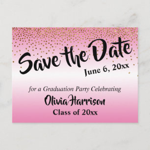 Gold Confetti Pink Abschluss Save the Date Postkarte
