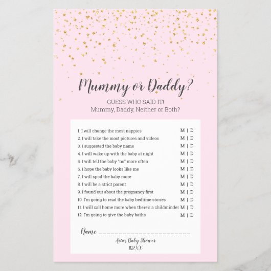 Gold Confetti Pink Baby Showmama oder Daddy Game Flyer (Vorne)