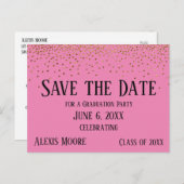 Gold Confetti Pink Graduation Party Save the Date Postkarte (Vorne/Hinten)