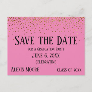 Gold Confetti Pink Graduation Party Save the Date Postkarte