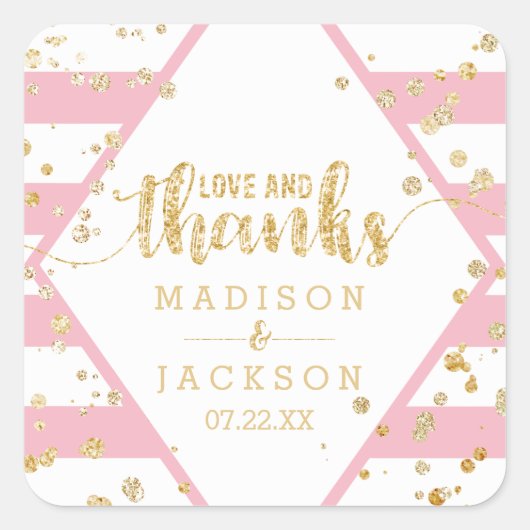 Gold Confetti & Pink Streifen Hochzeit Dank für di Quadratischer Aufkleber (Vorderseite)