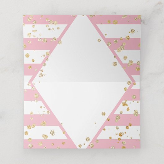 Gold Confetti & Pink Streifen Tischnummer Platzkarte (Innenseite Aufgefaltet)