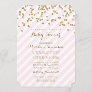 Gold Confetti Pink Stripes Kinderdusche Einladunge Einladung