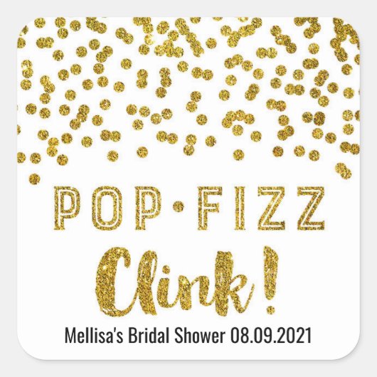 Gold Confetti Pop Fizz Clink Brautparty Quadratischer Aufkleber (Vorderseite)