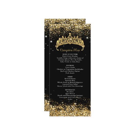 Gold Confetti Quinceanera Tiara Menükarte (Vorderseite/Rückseite Beispiel)