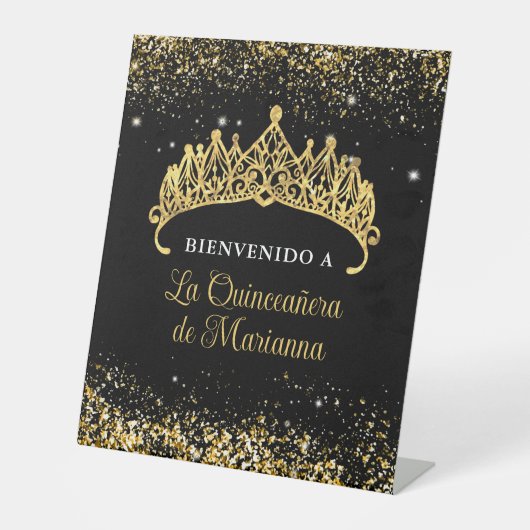 Gold Confetti Quinceanera Tiara Sockelschild (Vorderseite)