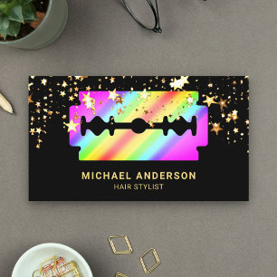 Gold Confetti Rainbow Razor Blade Hair Stylist Visitenkarte