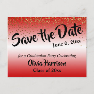 Gold Confetti Red Abschluss Save the Date Postkarte