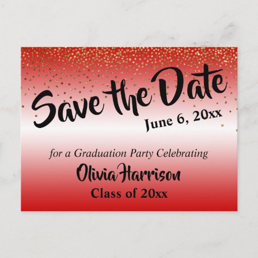 Gold Confetti Red Abschluss Save the Date Postkarte (Vorderseite)