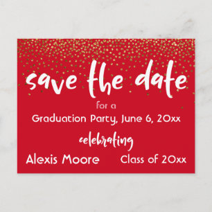 Gold Confetti Red Graduation Party Save the Date Ankündigungspostkarte