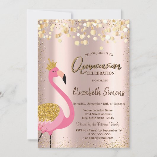 Gold Confetti Rosa Flamingo Rose Gold Quinceañera Einladung (Vorderseite)