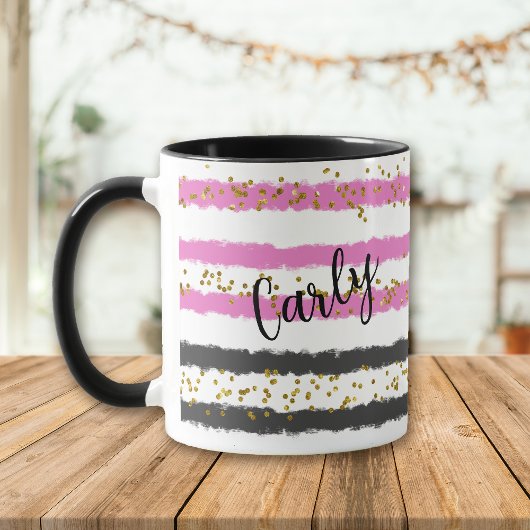 Gold Confetti Rosa schwarze Streifen Name Tasse
