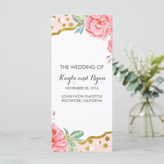 Gold Confetti Rosa Streifen Hochzeitsprogramme Programm (Stehend Vorderseite)