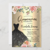 Gold Confetti, Rose Black Dress Quinceañera Einladung (Vorderseite)