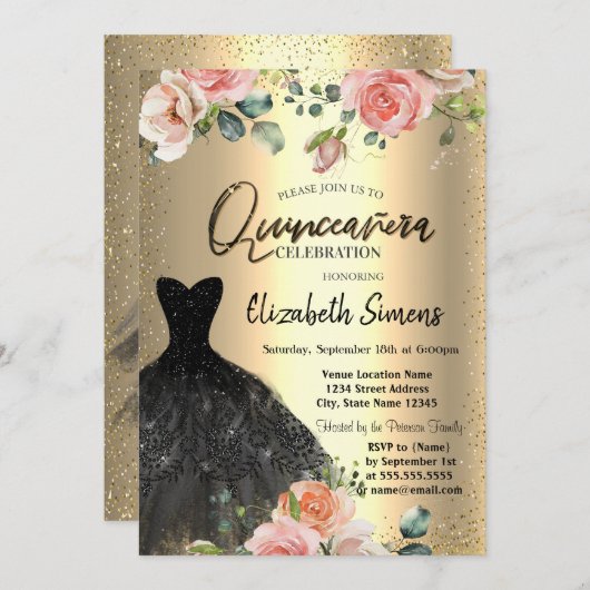 Gold Confetti, Rose Black Dress Quinceañera Einladung (Vorne/Hinten)