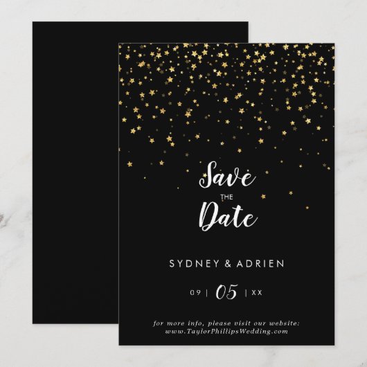 Gold Confetti | Schwarze Hochzeit Datum speichern Save The Date (Vorne/Hinten)
