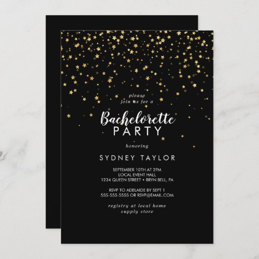 Gold Confetti | Schwarzer Junggeselinnen-Abschied Einladung (Vorne/Hinten)