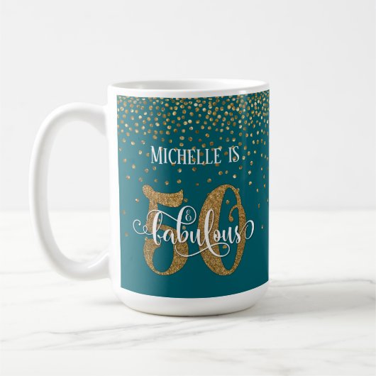 Gold Confetti Script 50 & Fabulous über Aquamarin Kaffeetasse (Links)